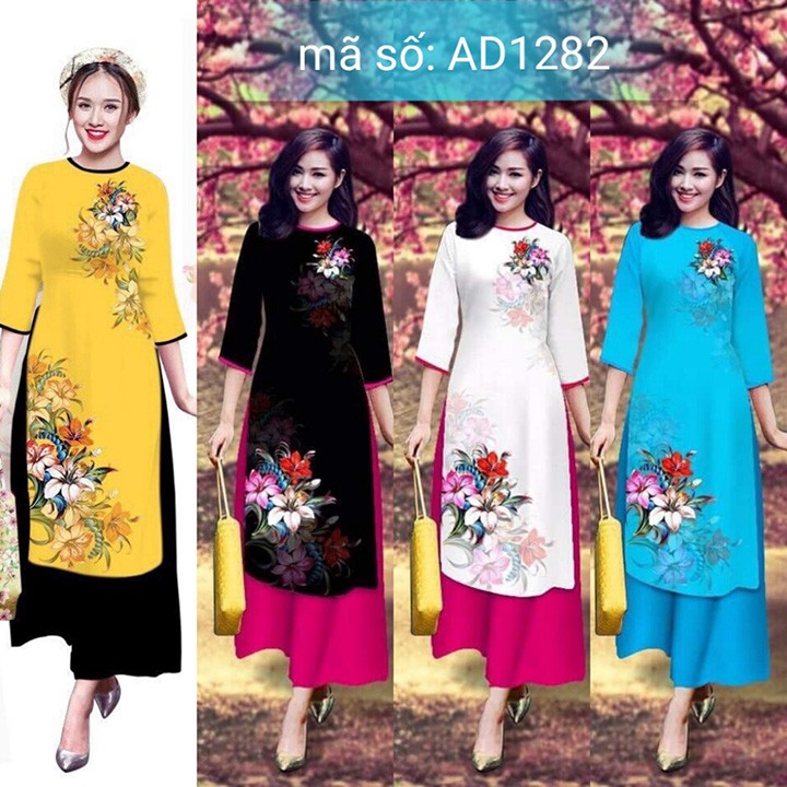 Có size 2XL AD1282 Áo Dài Cách Tân cổ tròn in họa tiết hoa mùa xuân