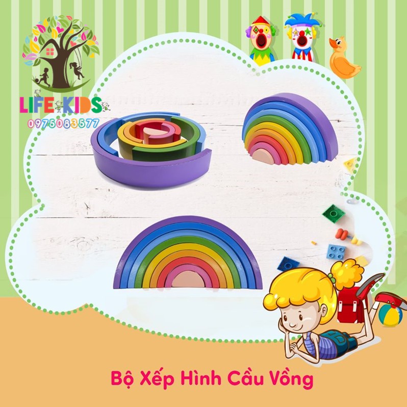 Giáo cụ montessori -Xếp hình cầu vồng- đồ chơi gỗ -kèm học liệu -kích thích tư duy, sáng tạo, an toàn - hàng xuat khau