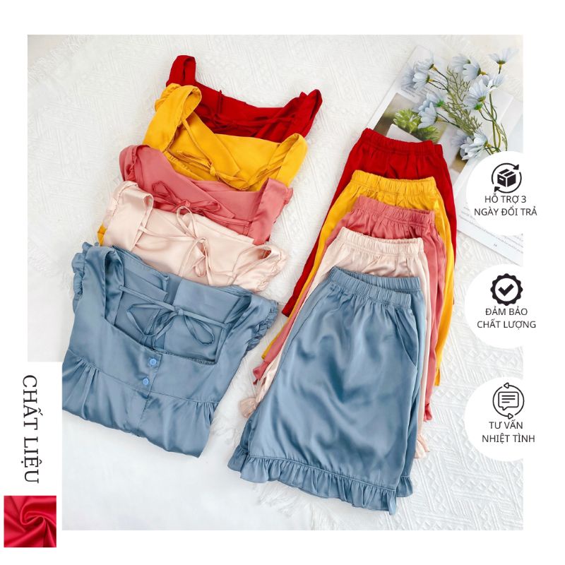 Bộ Lụa Cộc Tay Cổ Vuông Cao Cấp Sang Chảnh