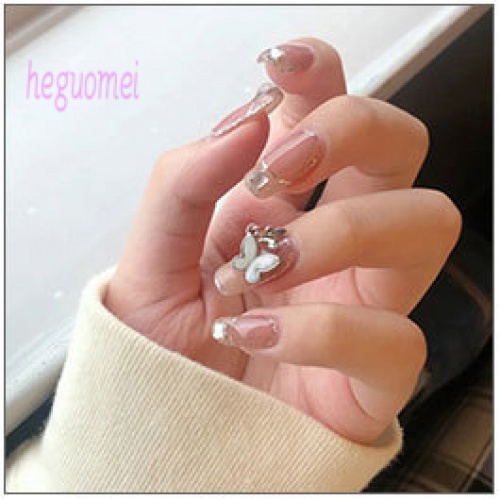 Set 24 móng tay giả hoàn chỉnh cỡ nhỏ hình chữ V kiểu Pháp cùng phong cách màu trắng