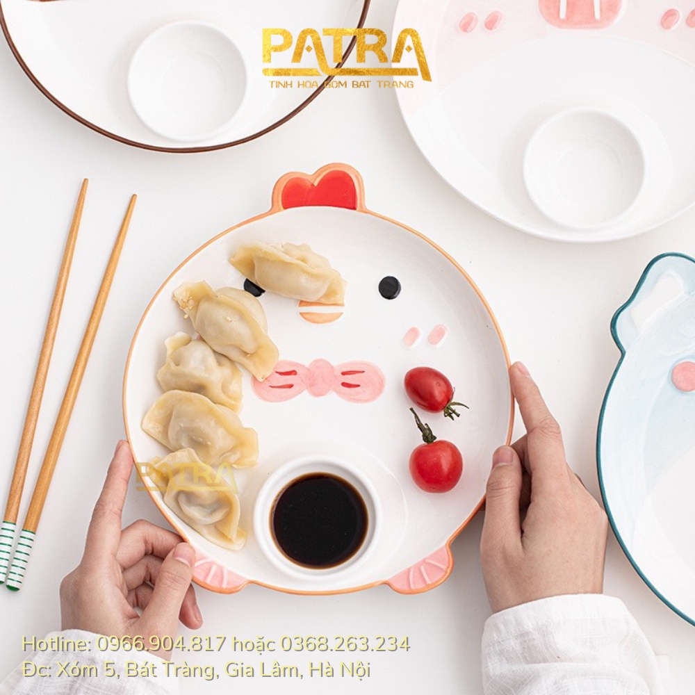 Đĩa sứ hoạt hình có ngăn chấm tiện lợi, dĩa sứ decor họa tiết dễ thương
