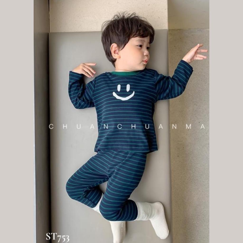 Đồ Bộ Dài Tay Bé Trai, Bé Gái MK KID Vải Cotton Lạnh Sọc Cười Dễ Thương, Bộ Mặc Nhà Cho Bé 6-18kg