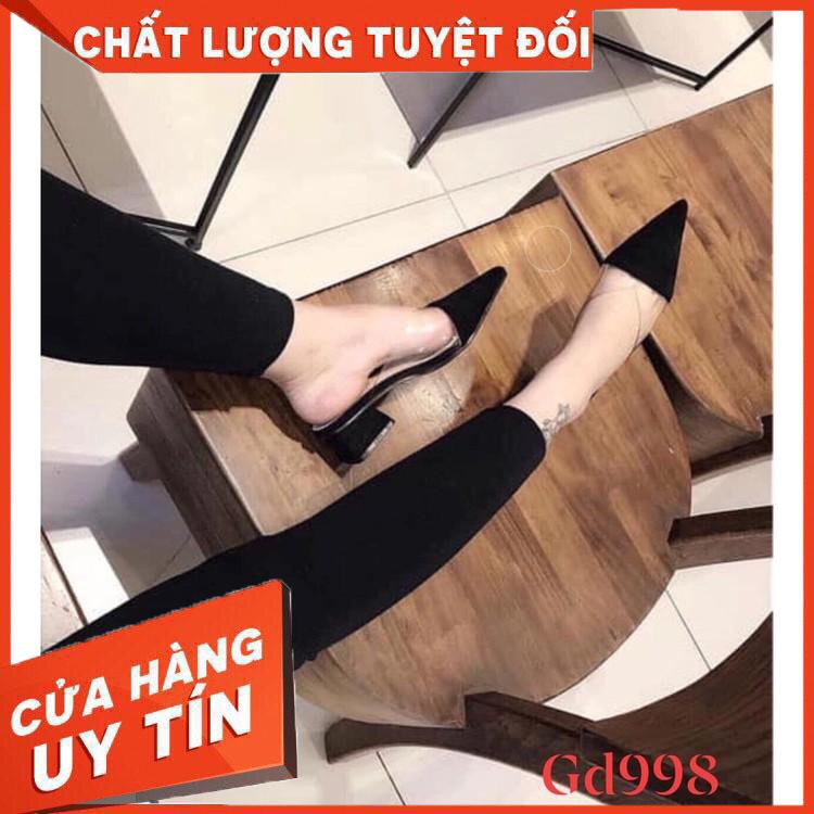 (S75) Dép sục nữ mũi nhọn gót cao 3 phân khoét V mix mica quai trong ( gót đen) thời trang Hahashop