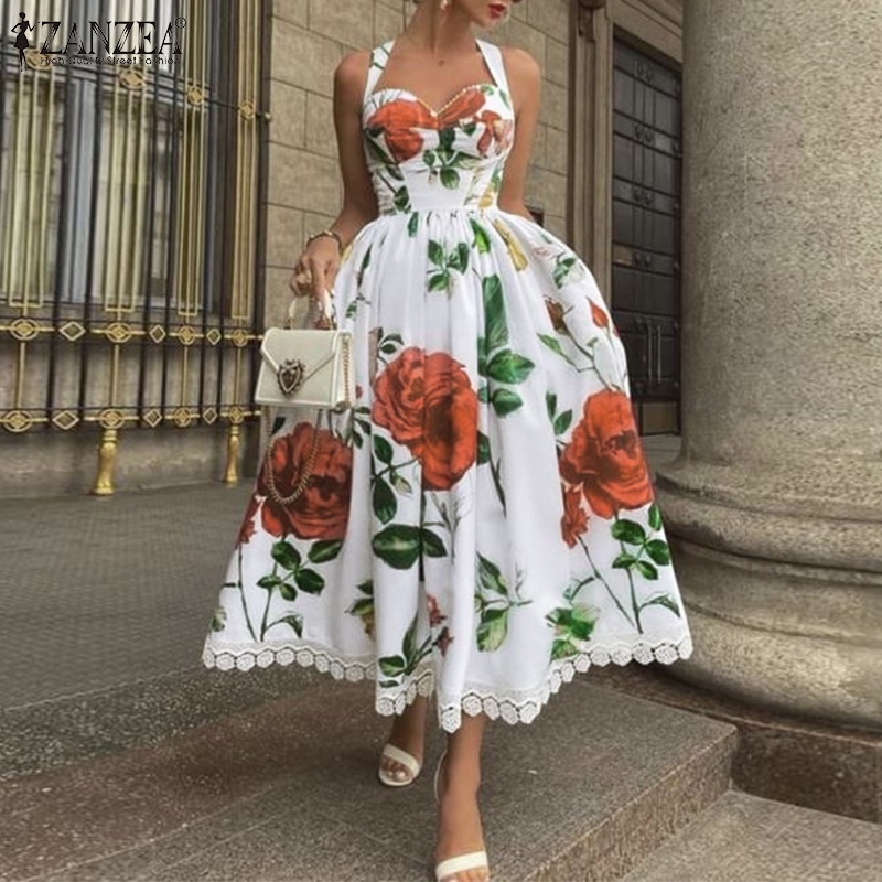 Đầm dài không tay ZANZEA họa tiết hoa vintage cho nữ