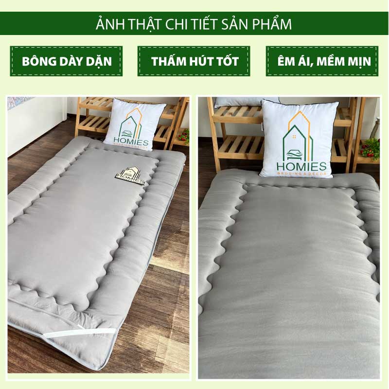 KÈM TÚI XÁCH - Topper Nệm Bông Xuất Nhật HOMIES Bedding & Décor, Đệm Topper Xám Ghi, Tấm làm mềm đệm cotton
