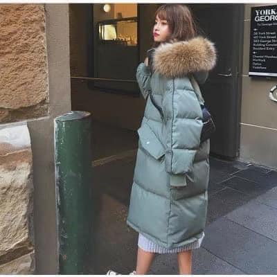 Áo phao nữ dáng siêu dài mũ lông hàng QCCC