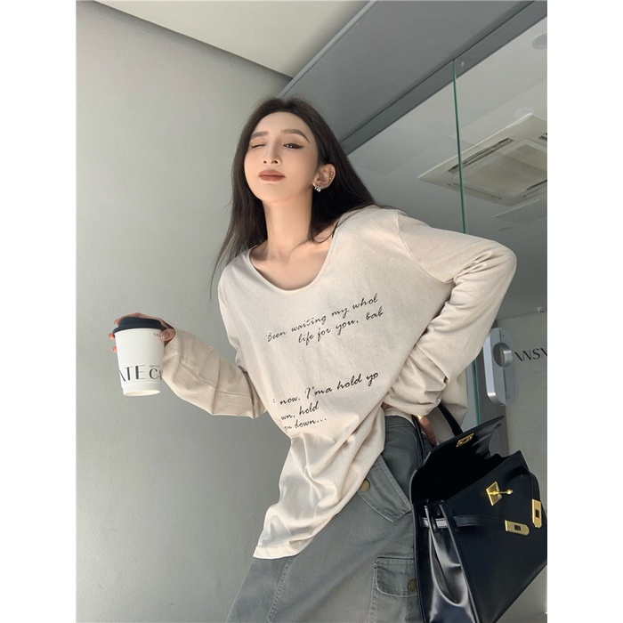 Cocory vn Áo Thun Tay Dài Dáng Rộng In Chữ Kiểu Vintage Cá Tính Cho Nữ