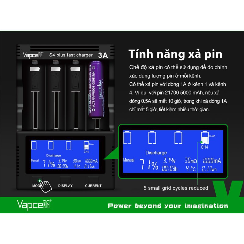 Sạc pin đa năng cao cấp VAPCELL S4 PLUS v2 4 khe cắm dòng sạc lên đến 12A tương thích với nhiều loại pin