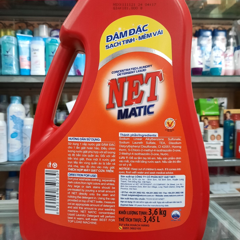 Nước giặt NET Matic đậm đặc chai 3.6kg