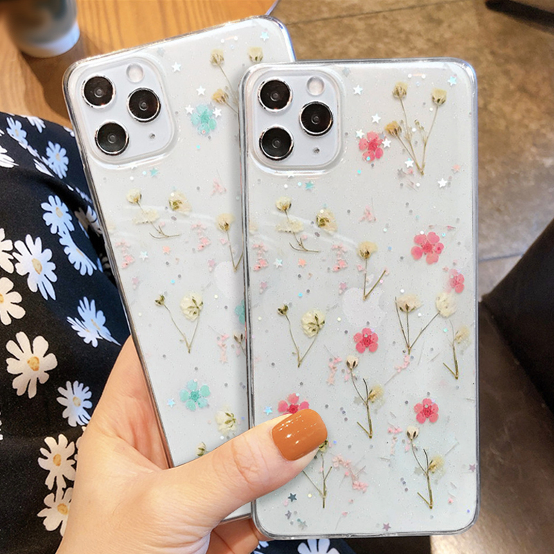 Ốp Điện Thoại Silicon Epoxy Mềm Trong Suốt Phối Hoa Khô Dành Cho iPhone 14 13 12 11 Pro Max X XR XS 7 8 Plus SE 2020 6 12