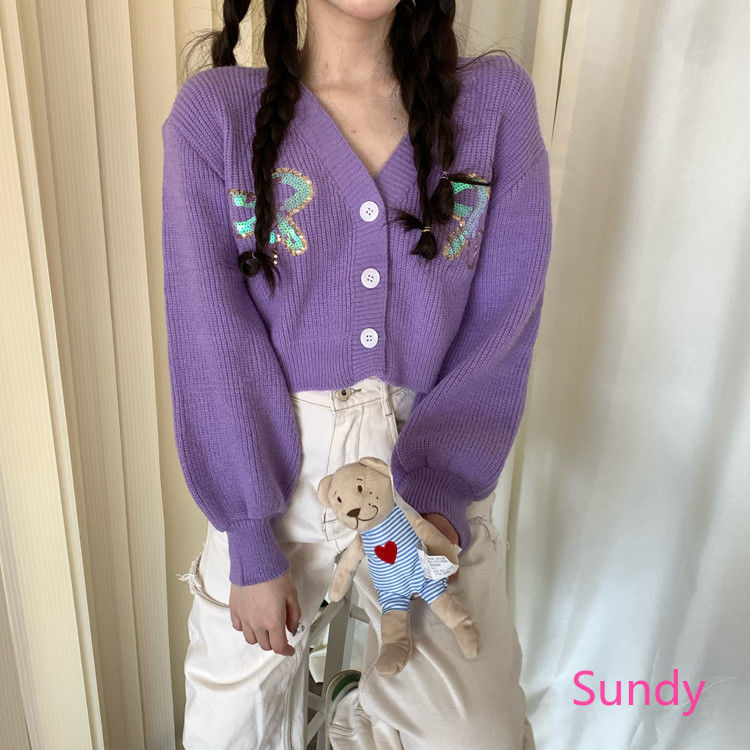 Áo Khoác Cardigan Dệt Kim Tay Dài Màu Tím hợp Thời Trang