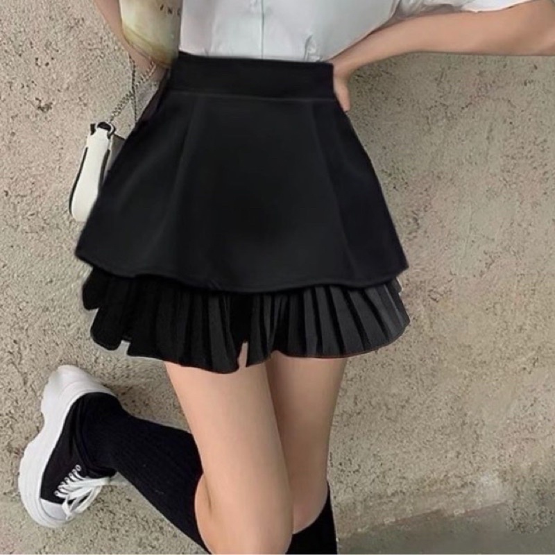 Chân váy 2 tầng xoè xếp ly tuyết mưa lưng cao phối thời trang alohashop91