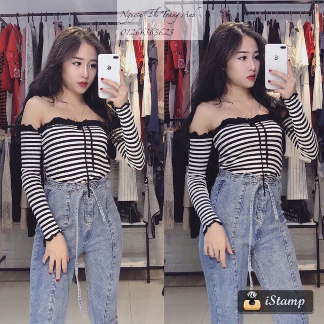 Áo Len Kẻ Trễ Vai Tay Dài (#452)_Xưởng May Quang Anh