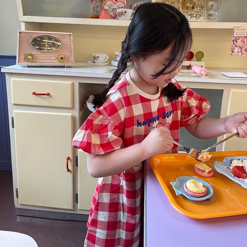 Đầm Công Chúa Mùa Hè Tay Cộc In Họa Tiết Hoa &amp; Sọc Caro Phong Cách Hàn Quốc Cho Bé Gái Se7en