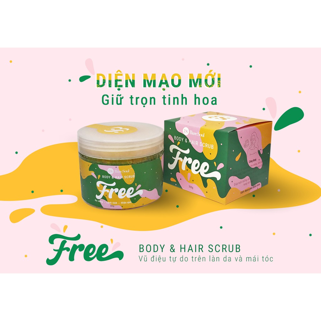Combo 2 Muối tắm gội tẩy tế bào chết cơ thể và tẩy tế bào chết da đầu, tóc BareSoul FREE Body & Hair Scrub 300g x2 | BigBuy360 - bigbuy360.vn