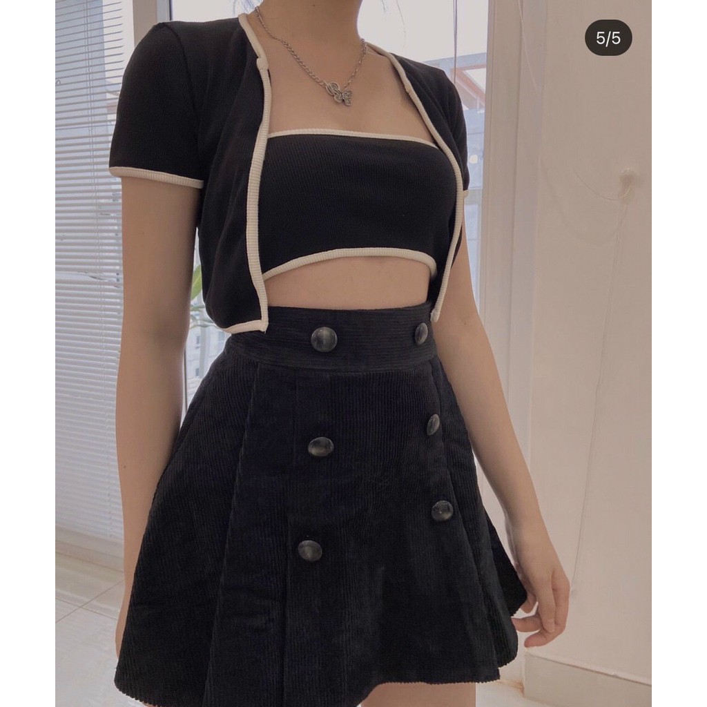 [[MM] Set áo ống kèm áo khoát viền ĐEN TRẮNG, set áo croptop kèm áo khác thun co giãn | BigBuy360 - bigbuy360.vn