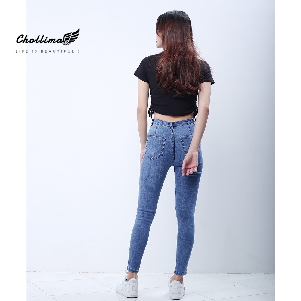 Quần jeans dài nữ co giãn Chollima cạp thường phối dây nịt đen màu xanh nhạt QD031