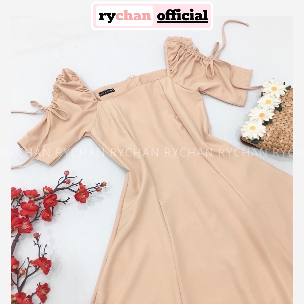 Đầm Váy Nữ Dự Tiệc Sang Trọng Cổ Vuông Dáng Xòe Tay Nhún Ngắn Phối Dây Thắt Nơ Nữ Tính Màu Kem [ẢNH THẬT CUỐI] - DX9778