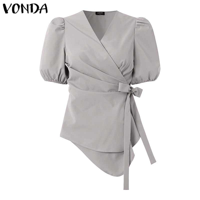 Áo VONDA kiểu tay phồng ngắn cổ chữ V màu trơn viền thắt lưng thời trang Hàn Quốc cho nữ