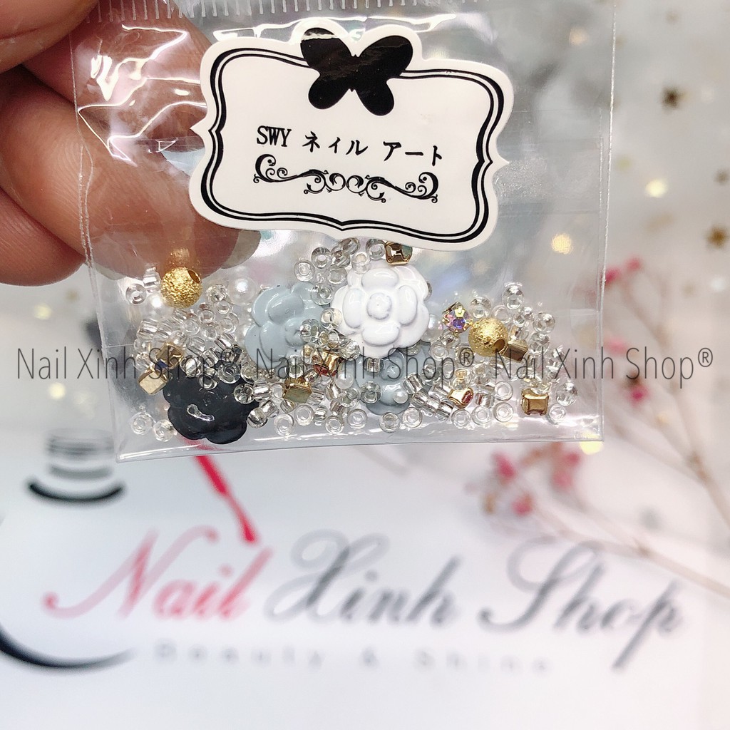 Túi mix đá nail,hoa,châu hạt,charm... phong cách Nhật, phụ kiên nail cao cấp, phụ kiện nail hot