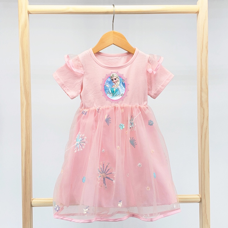 Đầm Công Chúa Elsa Anna Frozen 2 Bằng Cotton Tay Ngắn Phối Lưới Kiểu Hoạt Hình Cho Bé Gái