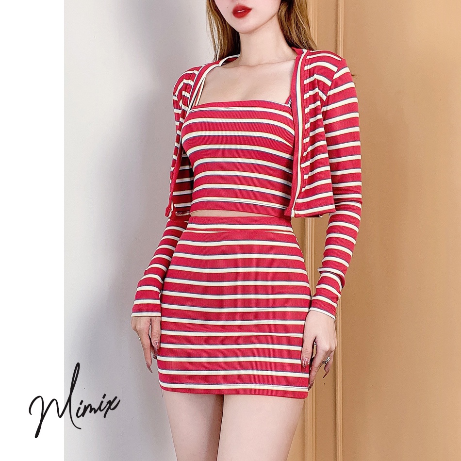 Set len thun khoác và chân váy ngắn sexy tặng kèm áo hai dây MIMIX BZ4190