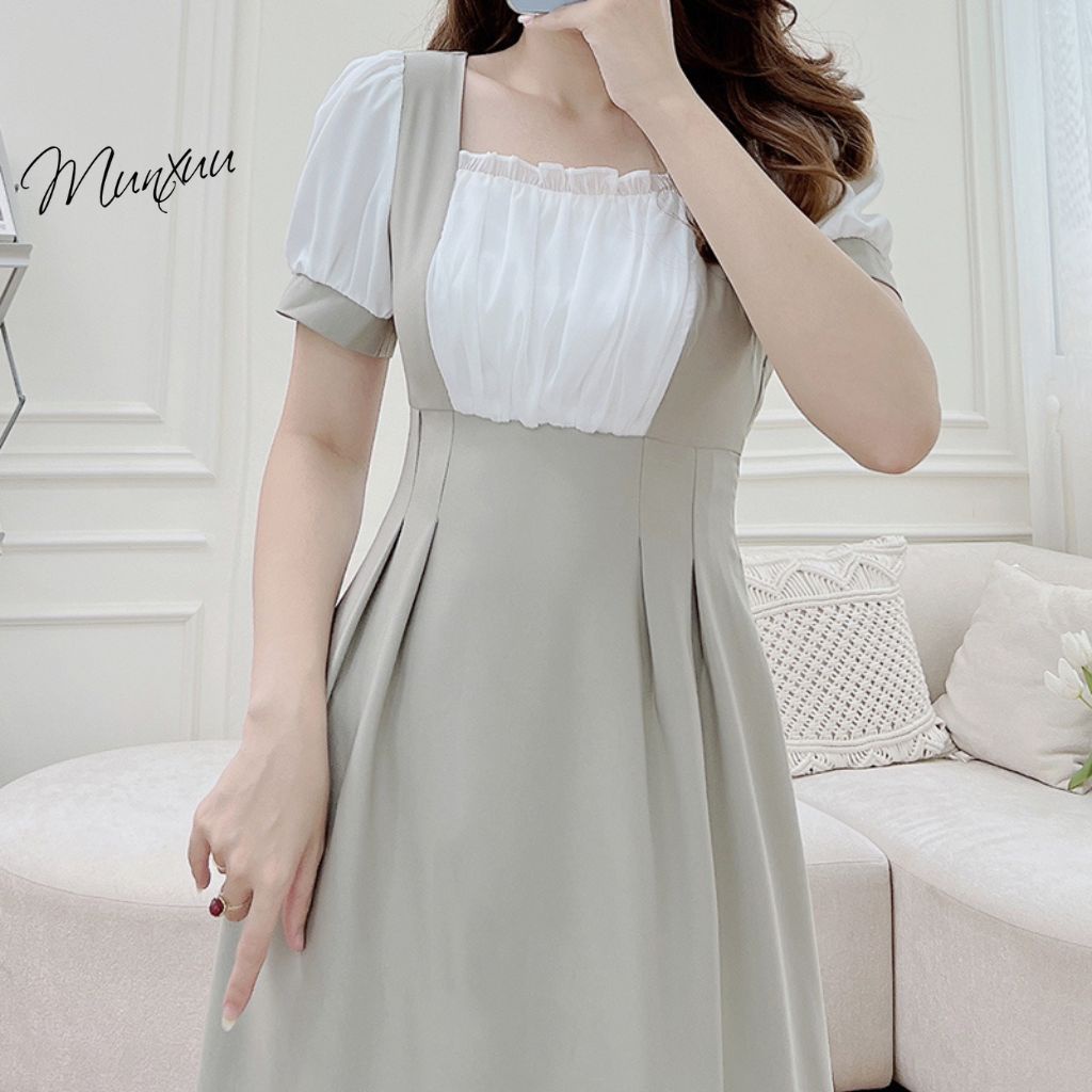 Váy nữ thiết kế MUNXUU phối bèo cổ vuông vải tơ mềm mát kiểu dáng thanh lịch - V10