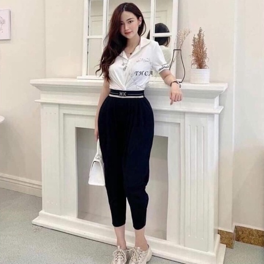 Quần baggy nữ cạp cao chun chữ dáng dài màu đen vải Umì mềm co giãn - Quần vải nữ công sở ống bó gấu thể thao mặc ở nhà