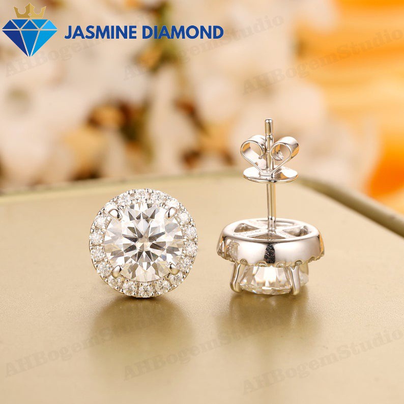 Bông tai kim cương nhân tạo Moissanite Halo bạc xi bạch kim sang trọng - Mẫu số 3