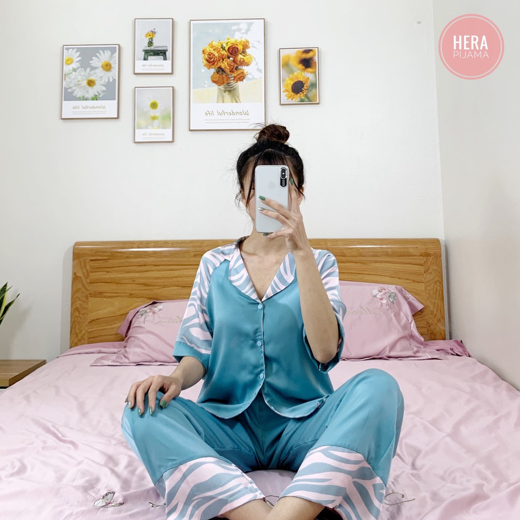 Đồ Ngủ Lụa Cao Cấp Áo Lửng Quần Dài Tiểu Thư Freesize - Hera Pijama