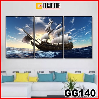 Tranh treo tường canvas khung gỗ 3 bức,tranh thuận buồm xuôi gió trang trí phòng khách phòng ngủ 140