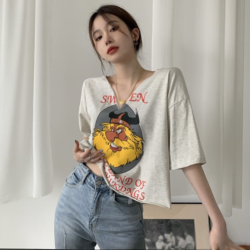 Áo Thun Croptop Tay Ngắn Cổ Chữ V In Họa Tiết Hoạt Hình Phong Cách Retro Hàn Quốc Cho Nữ