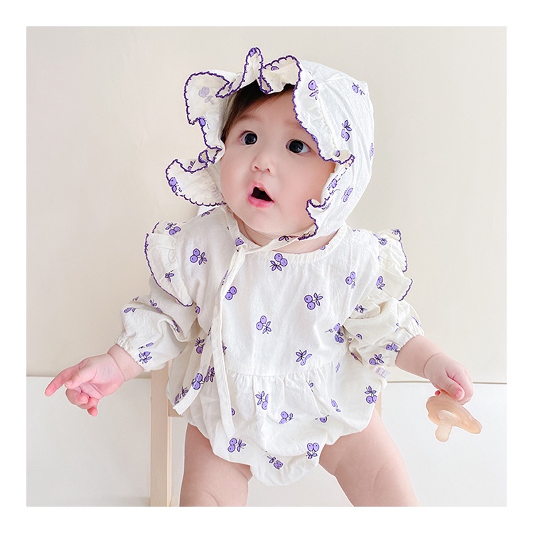 Bộ Áo Liền Quần Tay Dài In Họa Tiết Trái Cây + 1 Mũ Ren Dễ Thương Thời Trang Mùa Hè Cho Bé Sơ Sinh
