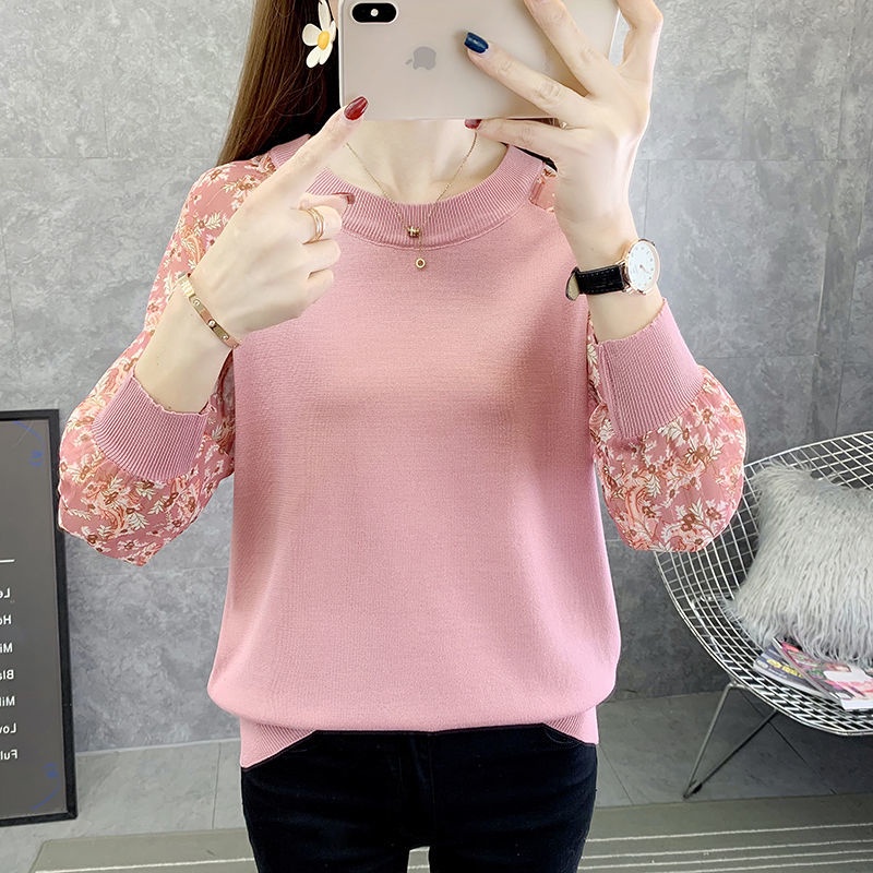 Áo Thun Dệt Kim Cổ Tròn Phối Ren Phong Cách Phương Tây Thời Trang Cho Nữ