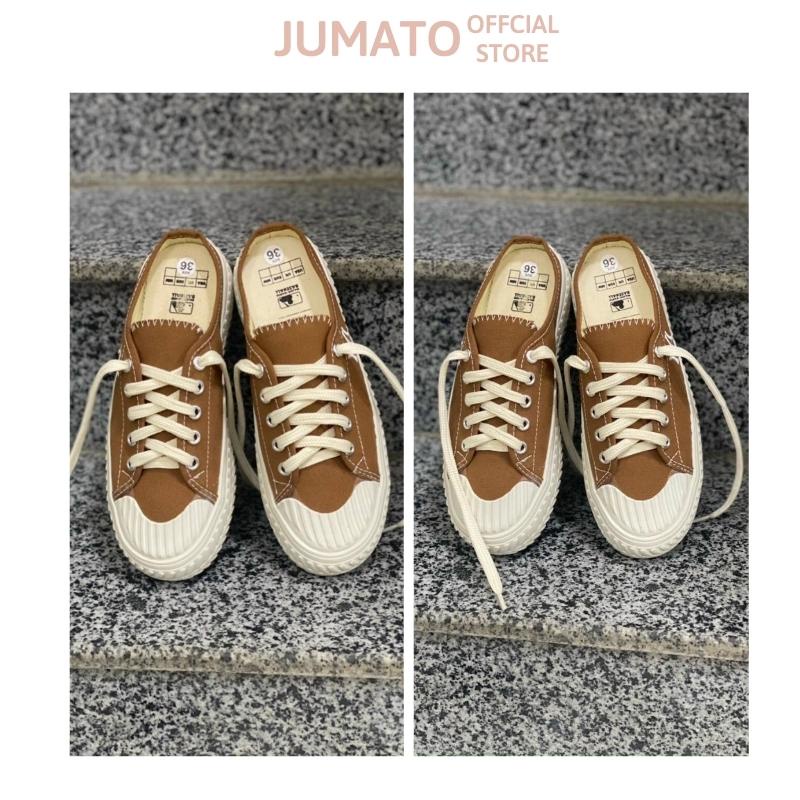 Giày sục thể thao nữ thêu chữ N.Y đạp gót đế bánh mì 3cm màu nâu tây hot trend 2022 JUMATO