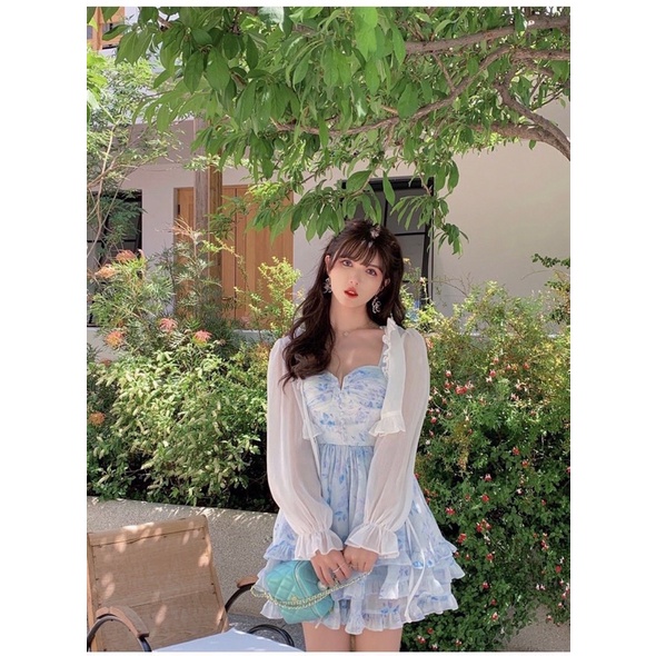 Váy 2 Dây Xoè Tầng Màu Xanh Blue Kèm Áo Khoác Mỏng Nhẹ (hàng loại 1 có mút) Đầm Xoè Dáng Ngắn