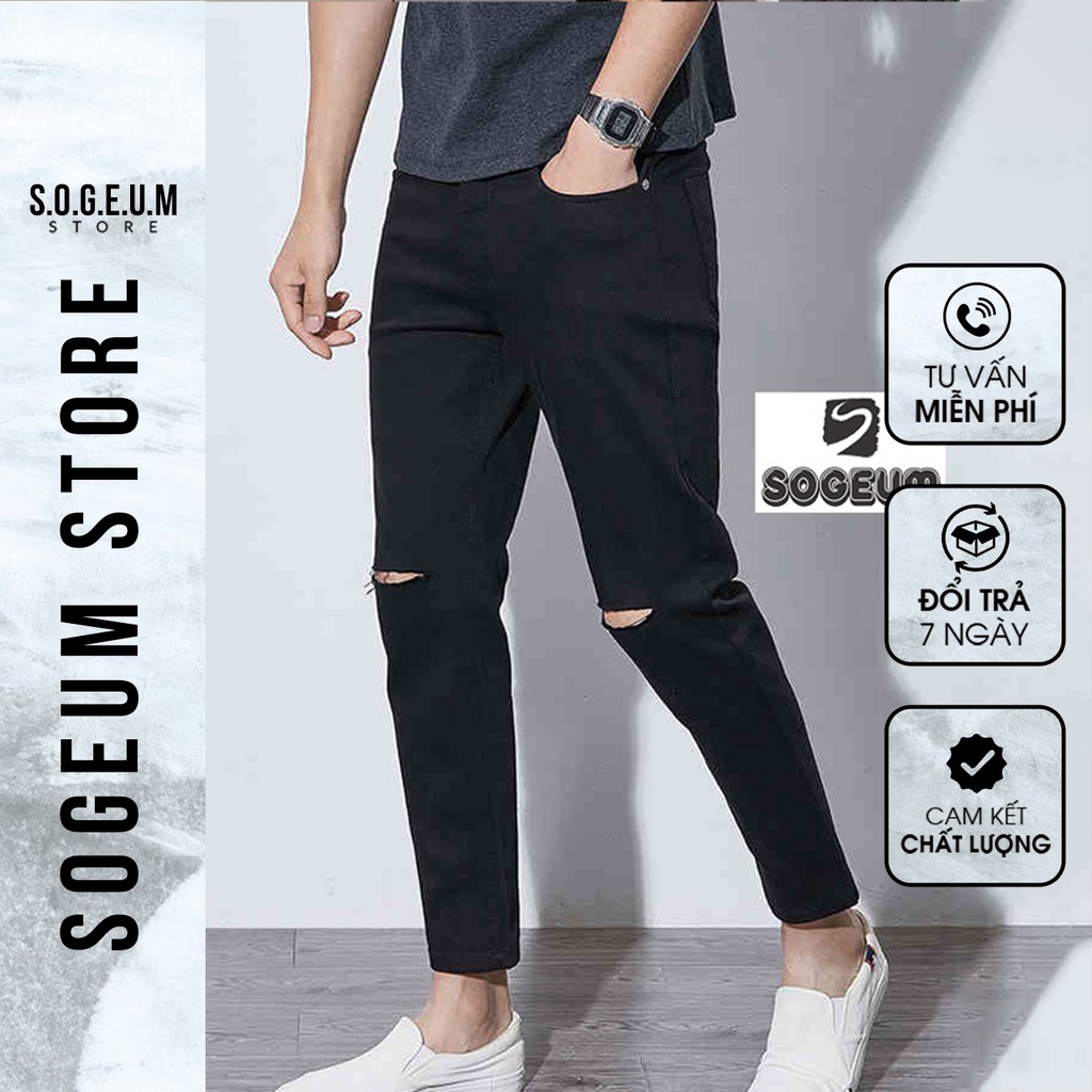 Quần jean nam rách gối dáng skinny, quần bò co giãn màu xanh đen - Sogeum.store
