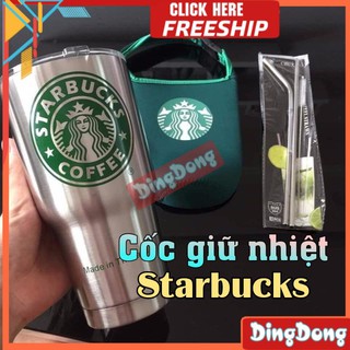 [Freeship] Cốc Giữ Nhiệt Starbucks Thái Lan Màu Bạc Loại Chuẩn Tặng Kèm Túi Và Ống Hút