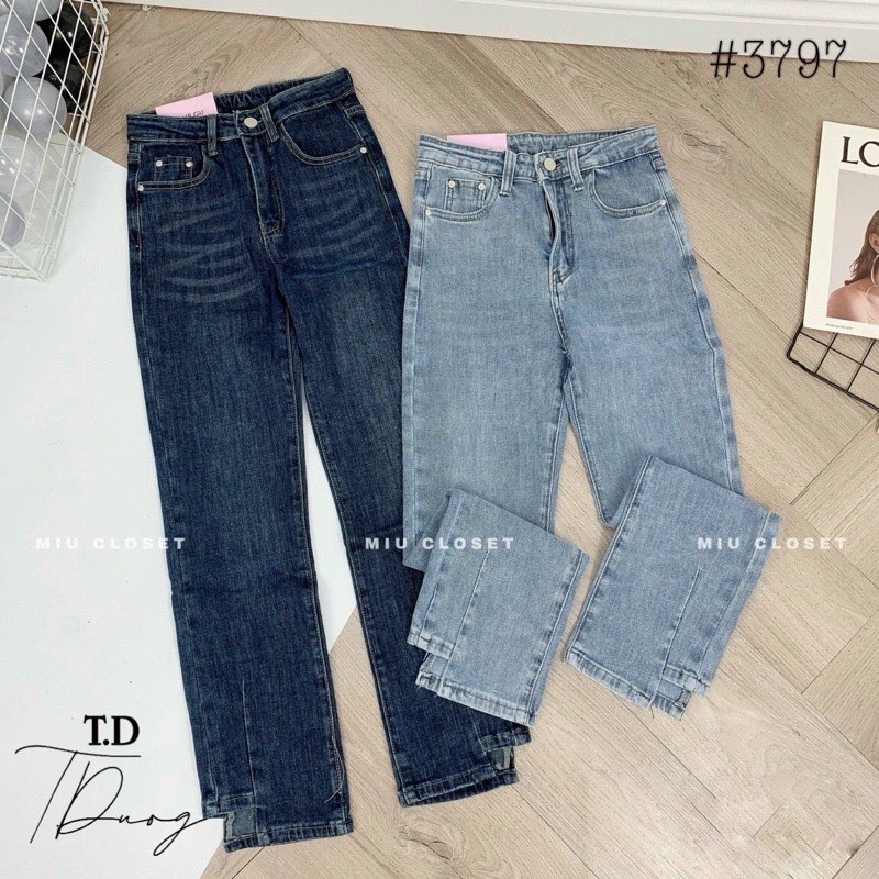 Quần jeans suông gấu lệch cạp cao co dãn