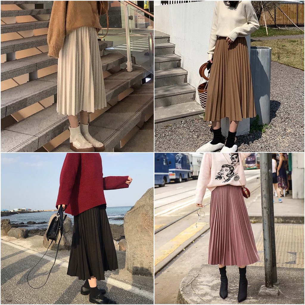 Váy Nữ Midi Dáng Dài Cạp Chun Xếp Ly Madela Phong Cách Vintage, Chân Váy Xếp Ly Dài Thanh Lịch Hàn Quốc