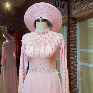 Áo dài lụa màu hồng đính hạt( ảnh thật)