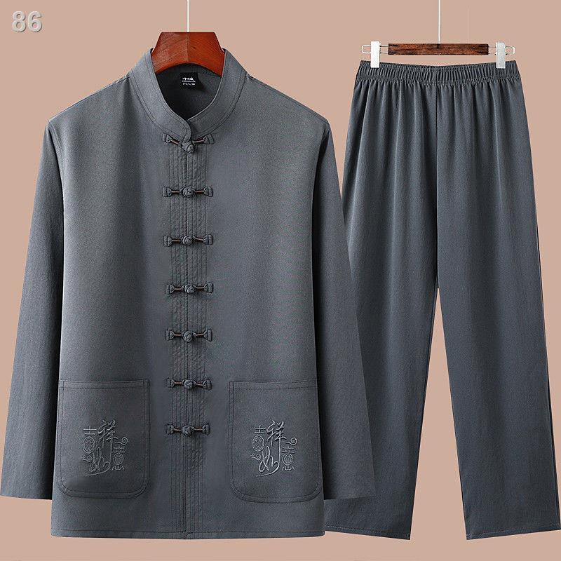 Tang suit nam dài tay cotton và lanh, quần áo trung niên và cao tuổi mỏng mùa hè, quần áo nam phong cách Trung Quốc, cha