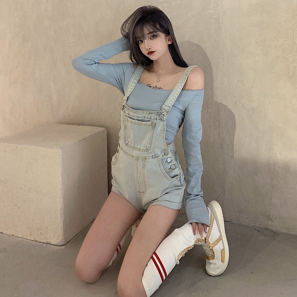 Mới Quần Yếm Jeans Ngắn Lưng Cao Dáng Rộng Phong Cách Retro Thời Trang Mùa Xuân Dành Cho Nữ 2021