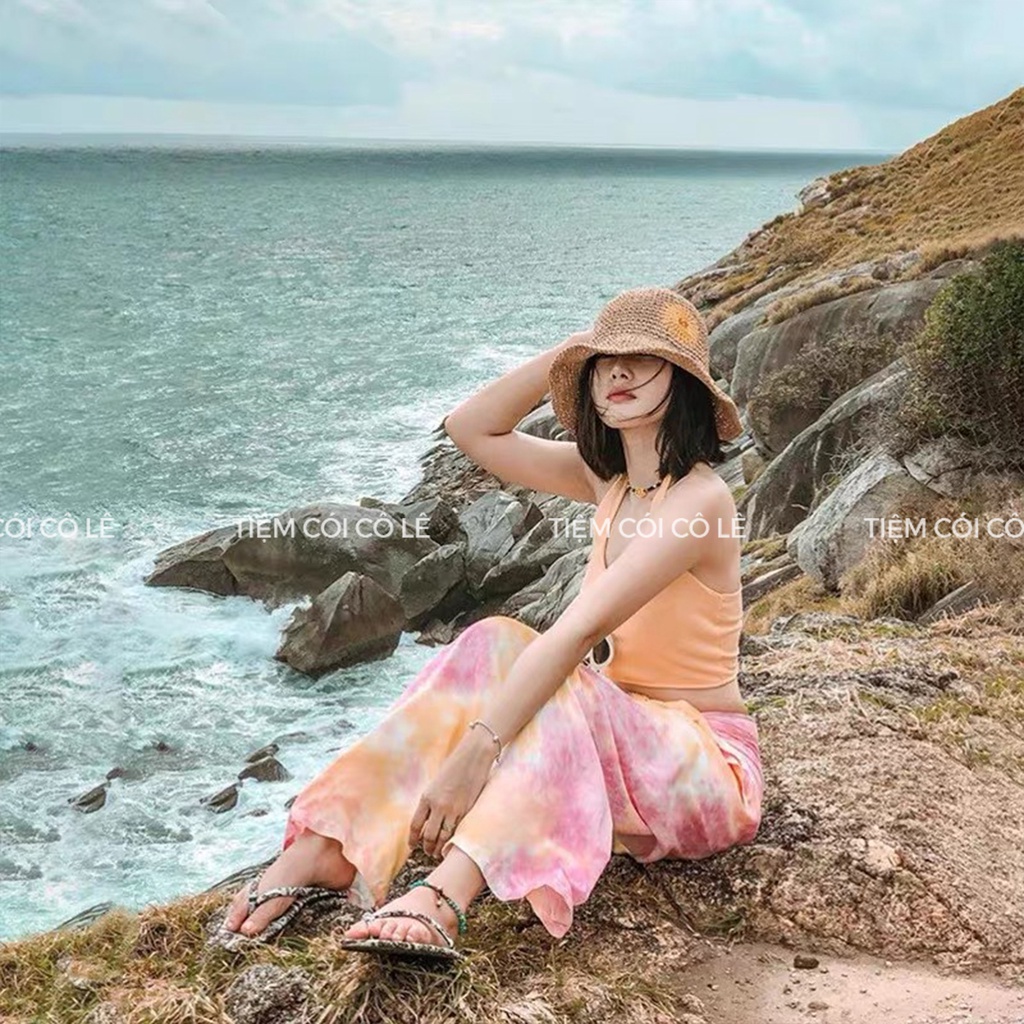 Mũ cói vành rộng đi biển thêu hoa cúc vàng xinh xắn cho bạn gái - Tiệm Cói Cô Lê