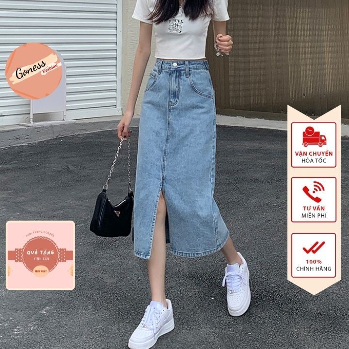 Chân váy Jean denim Goness thiết kế midi dài xẻ tà lưng cao dáng chữ A cạp cao thời trang