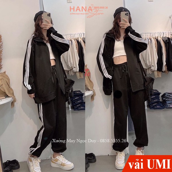 Quần thể thao ống rộng nữ viền kẻ 3 sọc trắng có dây rút gấu chất vải Umi - Quần jogger ống rộng nữ mặc đi học thể dục