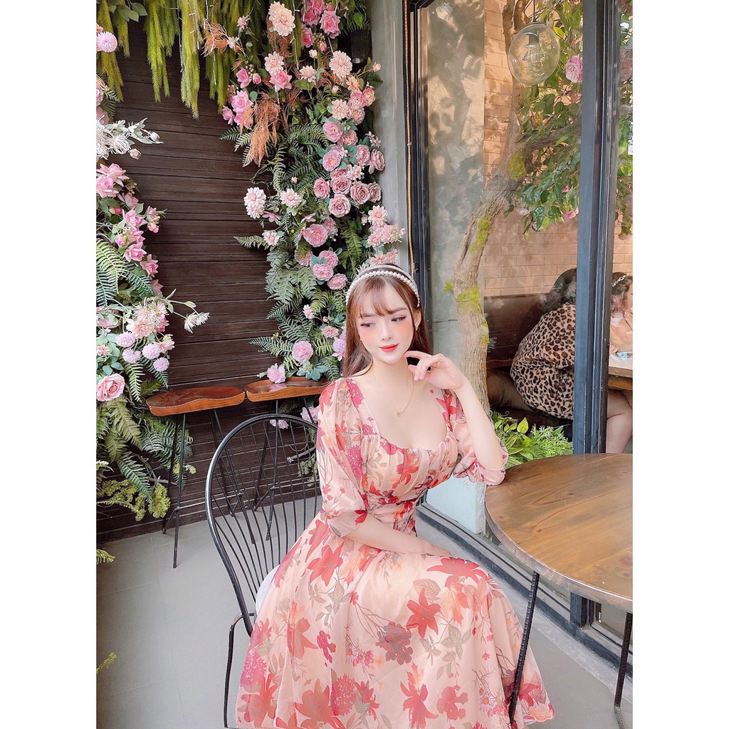 Đầm Maxi Hoa Tơ Cổ Vuông Tay Lỡ Dành Cho Nàng Đi Chơi, Đi Biển - 3 Màu Xanh, Vàng, Nâu - ẢNH THẬT | BigBuy360 - bigbuy360.vn