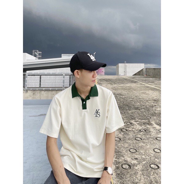 Áo thun polo from rộng unisex nam nữ ATYS 2 màu Xanh Lá/Kem chất thun cá sấu cotton cao cấp , chất đẹp