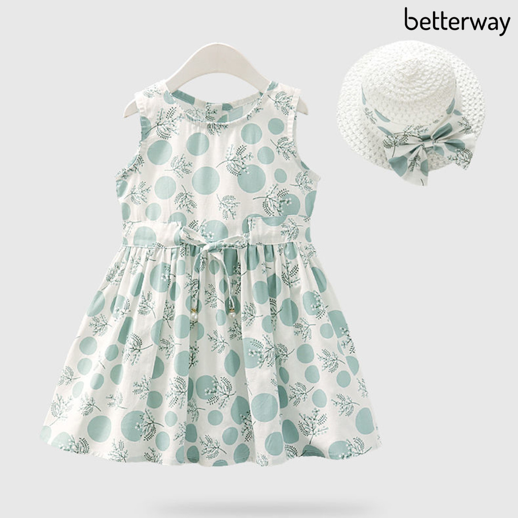 Đầm Cotton Sát Nách In Họa Tiết Chấm Bi / Hoa Kèm Mũ Có Thể Giặt Sạch