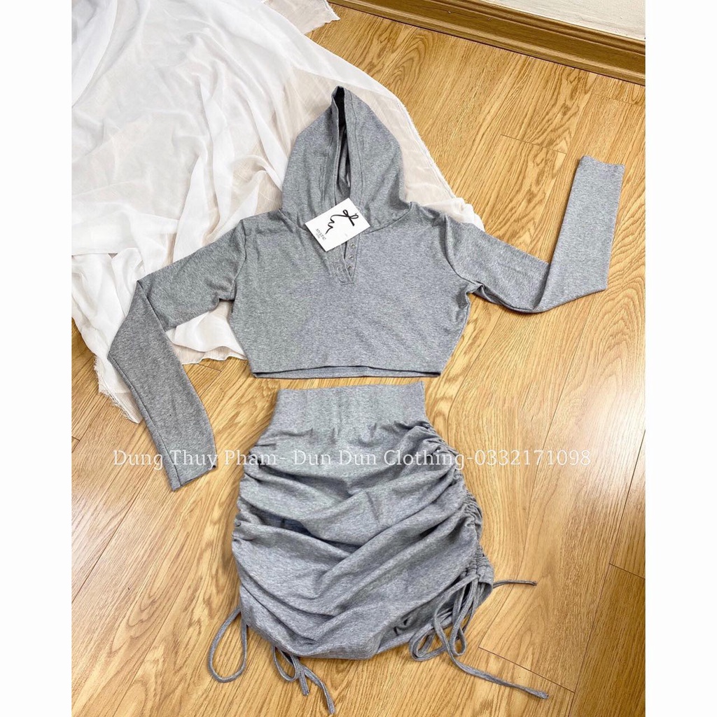 Set áo mũ+ chân váy rút